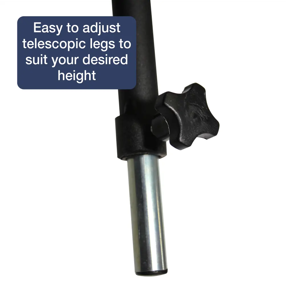 Telescopic leg adjustment mechanism with text 'Easy to adjust telescopic legs to suit your desired height' on a white background.
