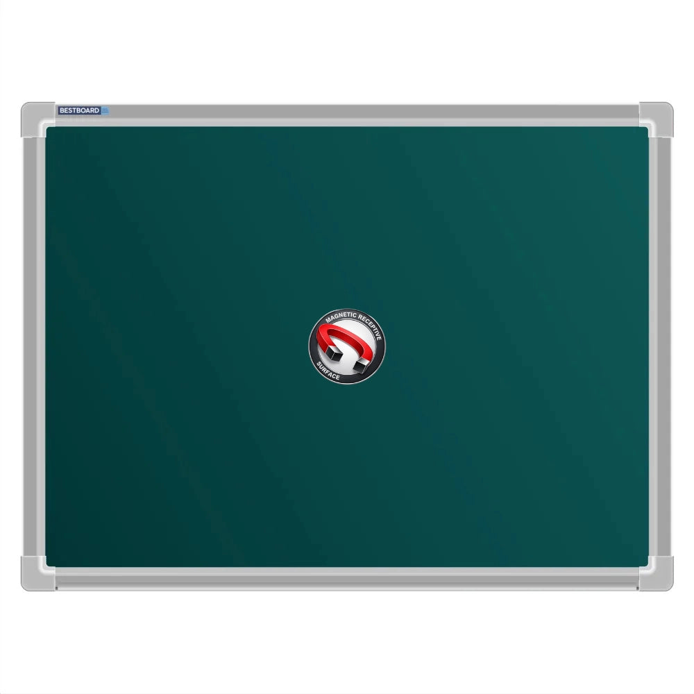 A Bestboard Magnetic green chalkboard (450 x 600mm) with an aluminium frame. The board has a smooth matte writing surface and a magnetic receptivity icon displayed in the centre.