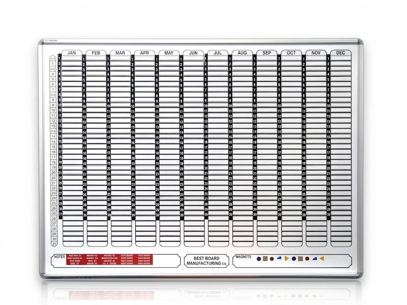 Magnetic perpetual year planner with a white board steel surface and anodised aluminium frame, displaying a screen-printed year planner and assorted magnets.