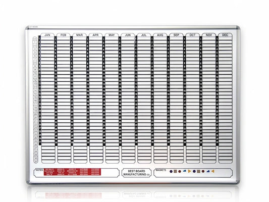 Magnetic perpetual year planner with a white board steel surface and anodised aluminium frame, displaying a screen-printed year planner and assorted magnets.