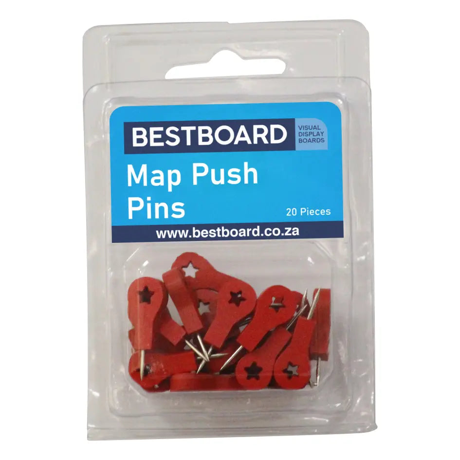 Clear Bestboard box filled with 20 red coloured Map push pins