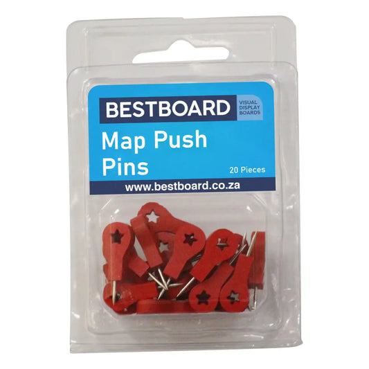 Clear Bestboard box filled with 20 red coloured Map push pins