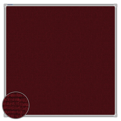 Maroon carpet pin board, 1000mm x 1000mm, square with a silver aluminium frame and a close-up inset of the woven texture