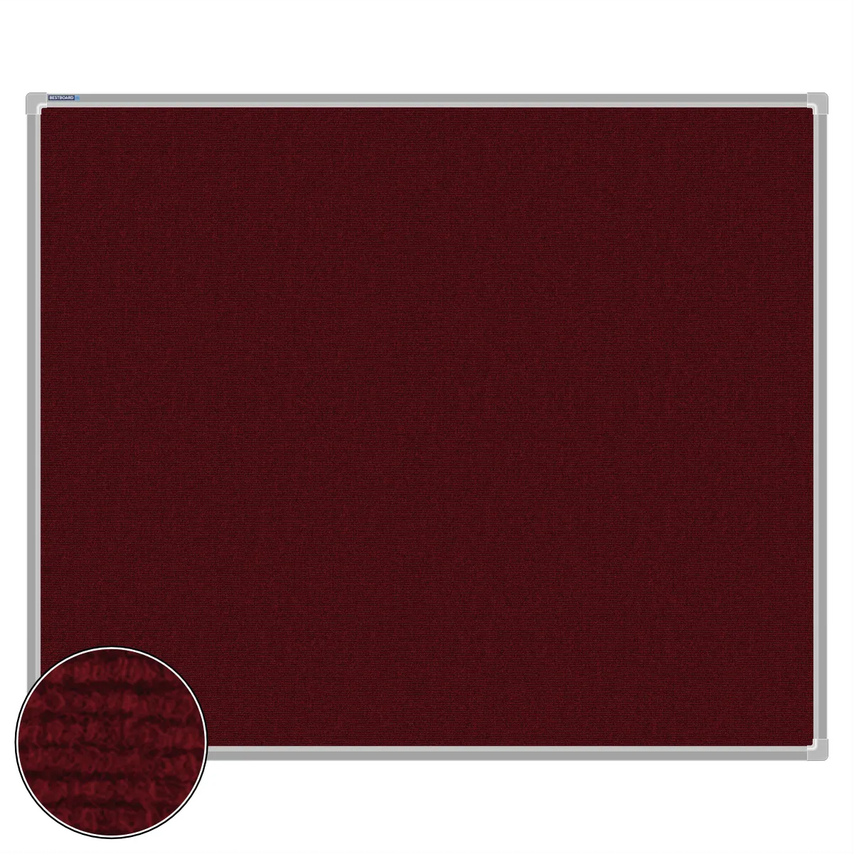 Maroon carpet pin board, 1000mm x 1200mm, rectangular with a silver aluminium frame and a close-up inset of the woven texture