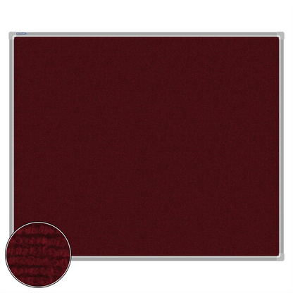 Maroon carpet pin board, 1000mm x 1200mm, rectangular with a silver aluminium frame and a close-up inset of the woven texture