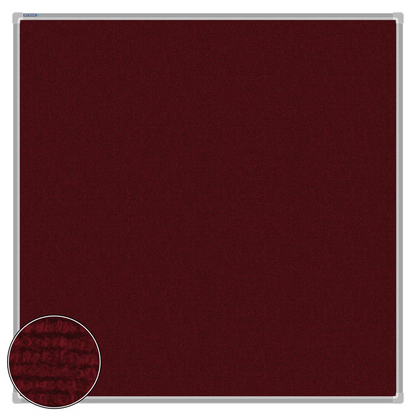 Maroon carpet pin board, 1200mm x 1200mm, square with a silver aluminium frame and a close-up inset of the woven texture