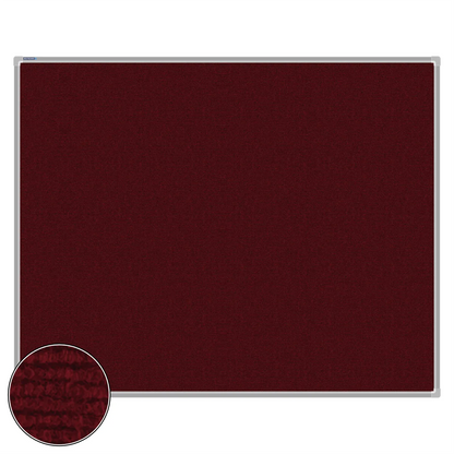 Maroon carpet pin board, 1200mm x 1500mm, rectangular with a silver aluminium frame and a close-up inset of the woven texture