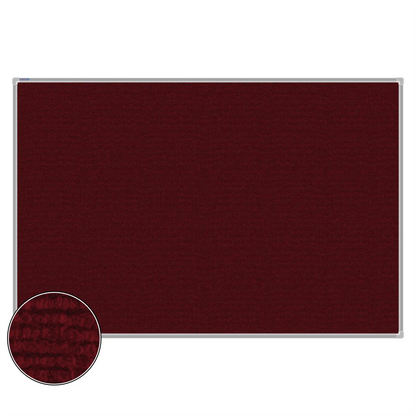 Maroon carpet pin board, 1200mm x 1800mm, rectangular with a silver aluminium frame and a close-up inset of the woven texture