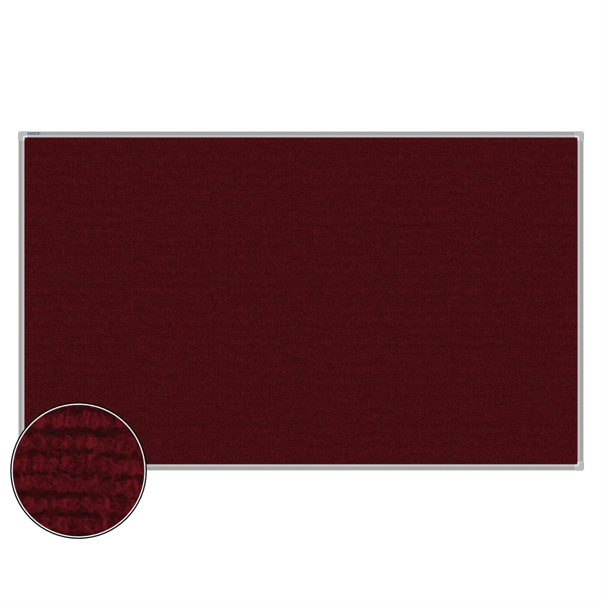 Maroon carpet pin board, 1200mm x 2000mm, rectangular with a silver aluminium frame and a close-up inset of the woven texture