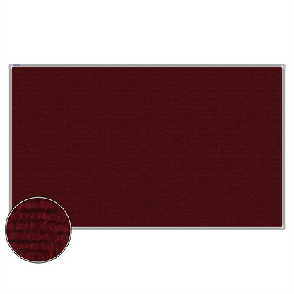 Maroon carpet pin board, 1200mm x 2000mm, rectangular with a silver aluminium frame and a close-up inset of the woven texture