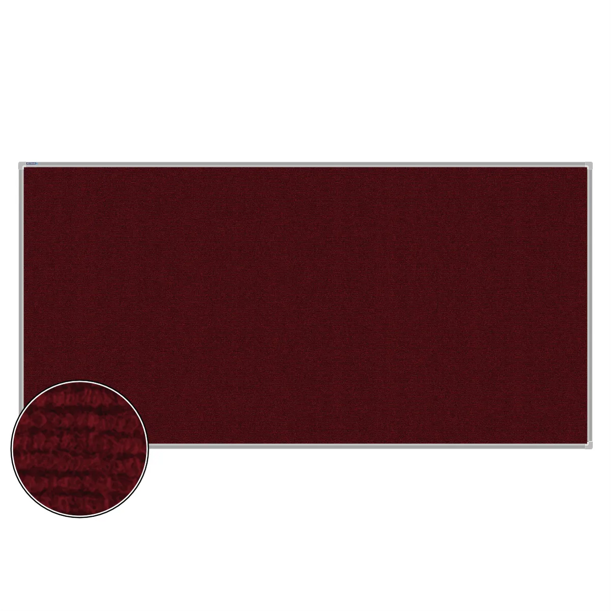 Maroon carpet pin board, 1200mm x 2400mm, rectangular with a silver aluminium frame and a close-up inset of the woven texture