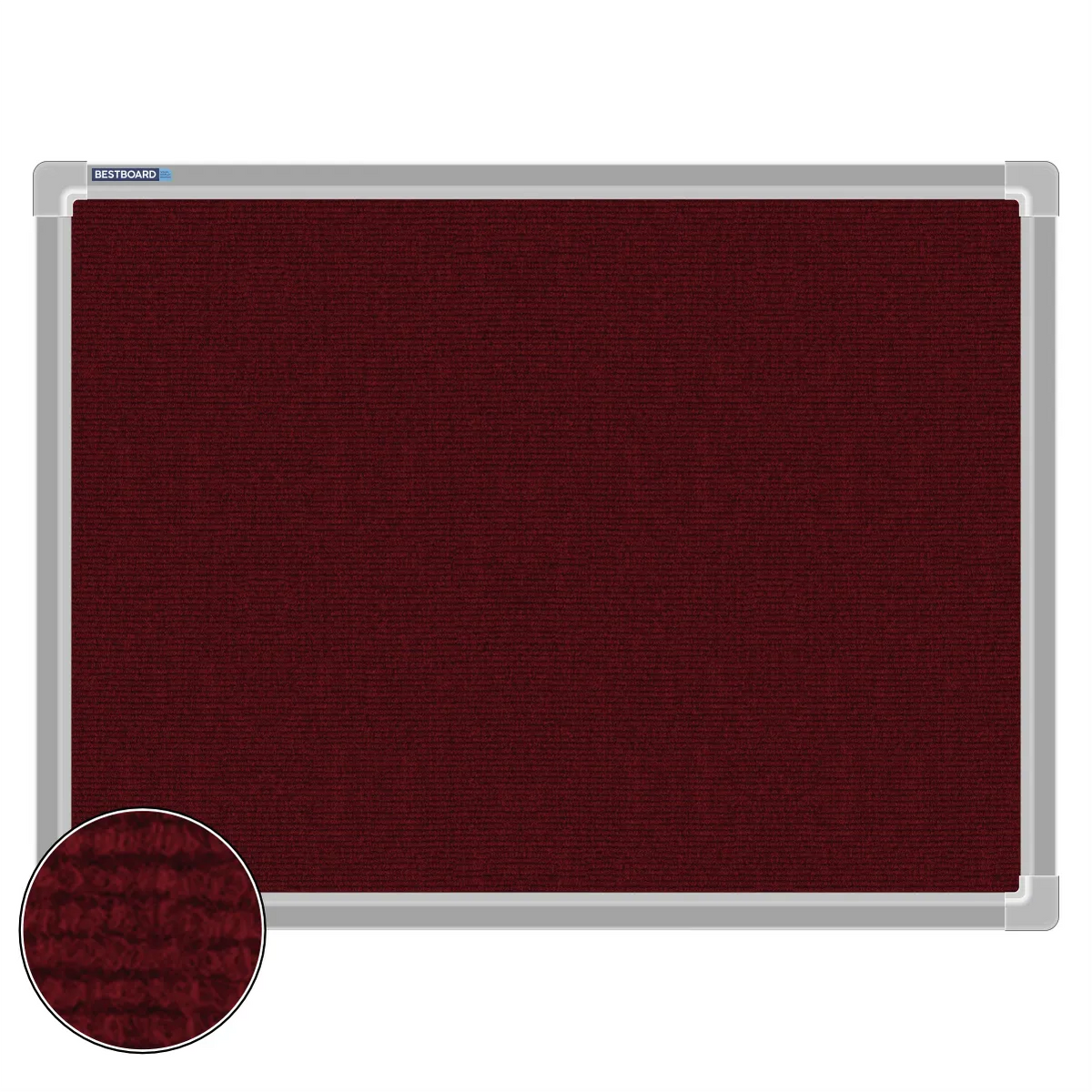 Maroon carpet pin board, 450mm x 600mm, rectangular with a silver aluminium frame and a close-up inset of the woven texture