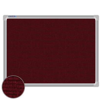 Maroon carpet pin board, 450mm x 600mm, rectangular with a silver aluminium frame and a close-up inset of the woven texture