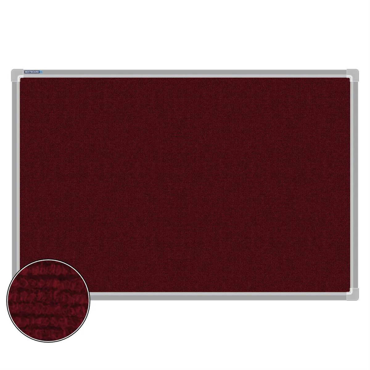 Maroon carpet pin board, 600mm x 900mm, rectangular with a silver aluminium frame and a close-up inset of the woven texture