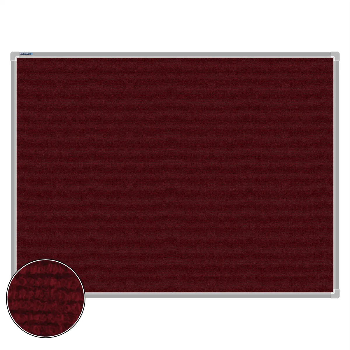 Maroon carpet pin board, 900mm x 1200mm, rectangular with a silver aluminium frame and a close-up inset of the woven texture