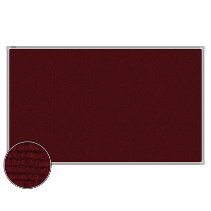 Maroon carpet pin board, 900mm x 1500mm, rectangular with a silver aluminium frame and a close-up inset of the woven texture