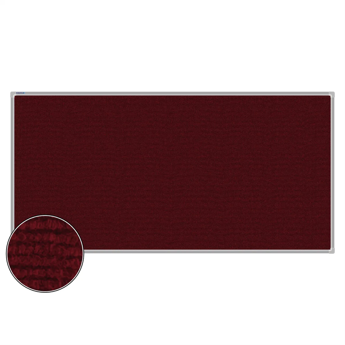 Maroon carpet pin board, 900mm x 1800mm, rectangular with a silver aluminium frame and a close-up inset of the woven texture
