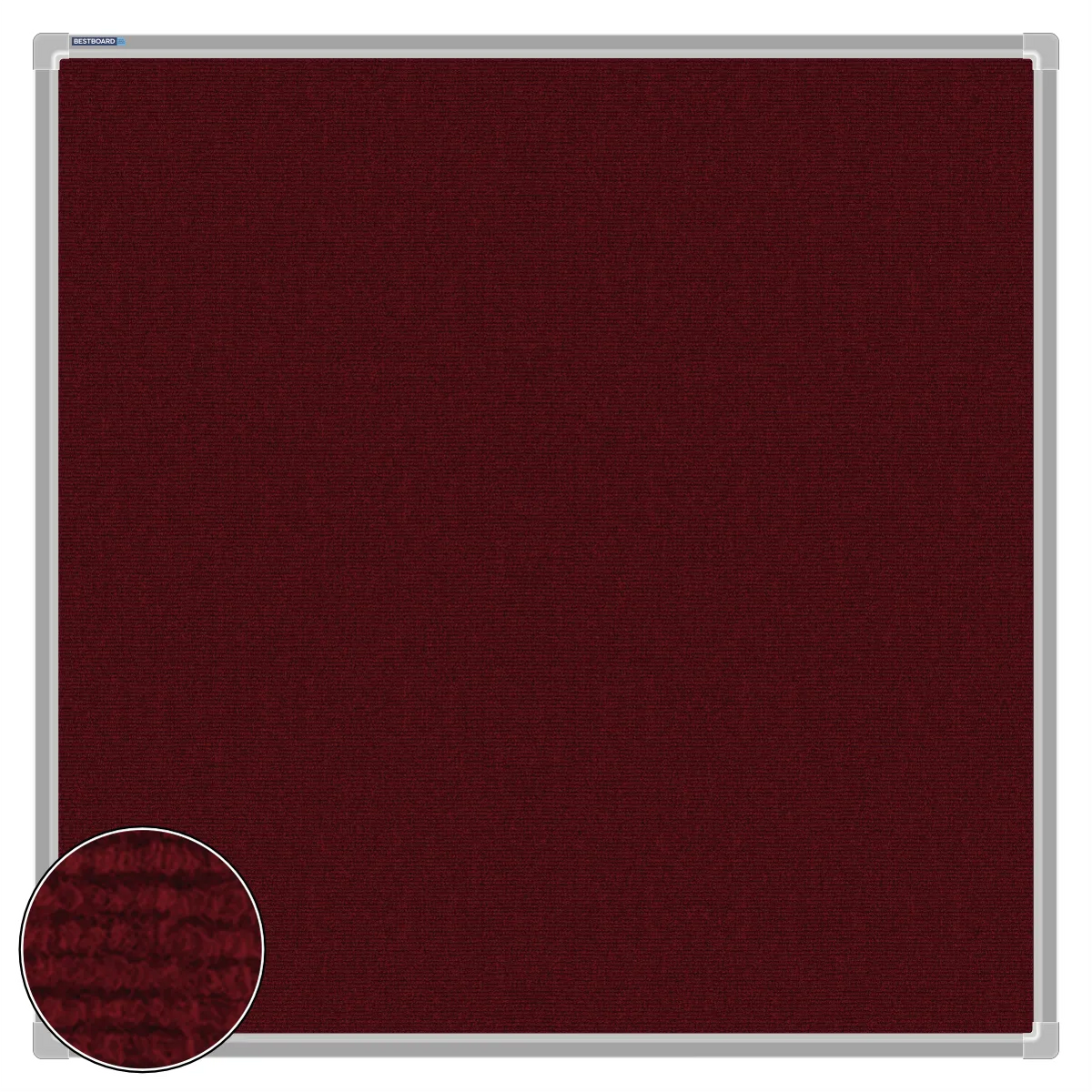 Maroon carpet pin board, 900mm x 900mm, square with a silver aluminium frame and a close-up inset of the woven texture