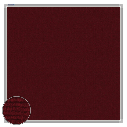 Maroon carpet pin board, 900mm x 900mm, square with a silver aluminium frame and a close-up inset of the woven texture