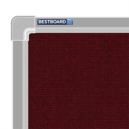 Close-up of a maroon carpet pin board corner showing the Bestboard logo and the moulded silver aluminium frame