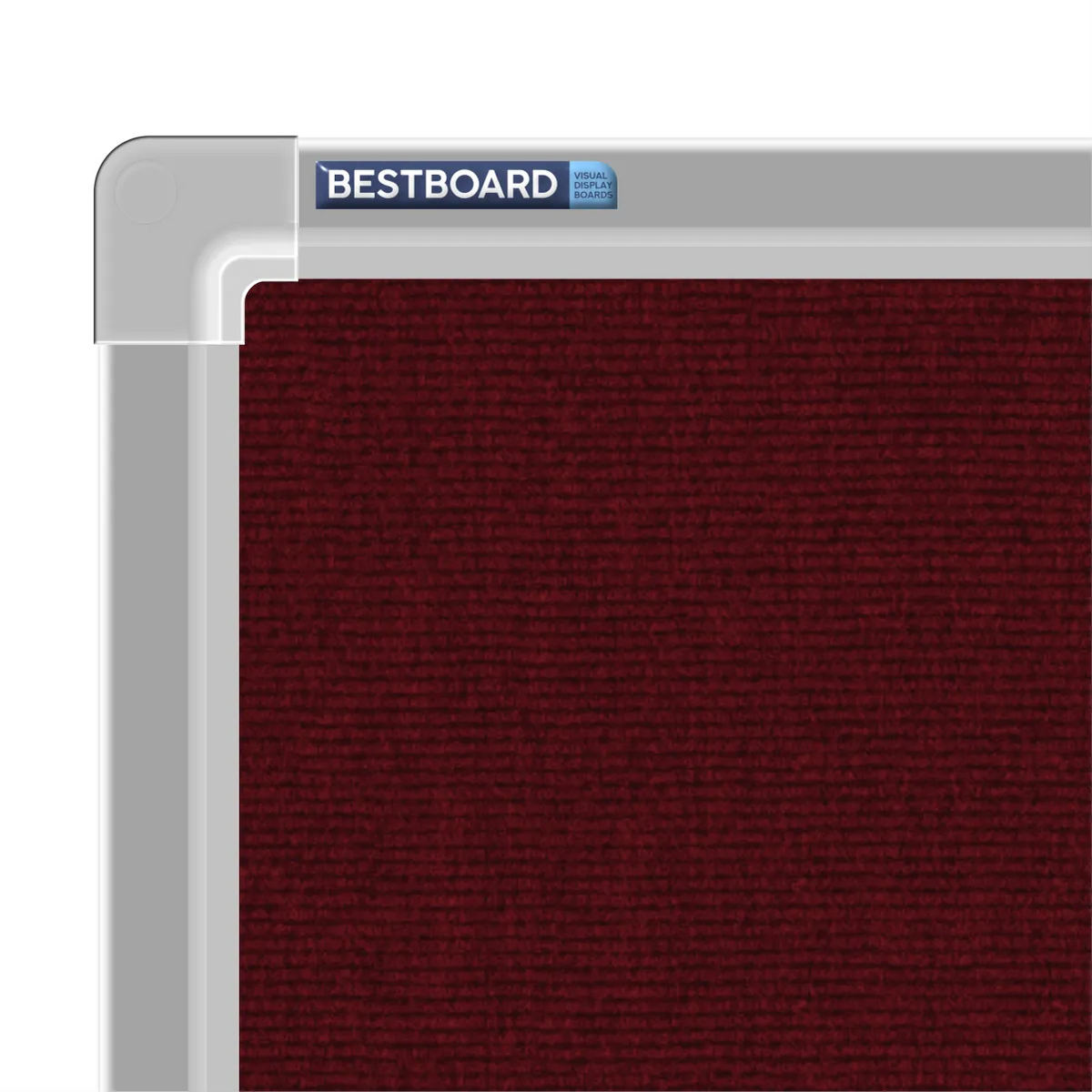 Close-up of a maroon carpet pin board corner showing the Bestboard logo and the moulded silver aluminium frame