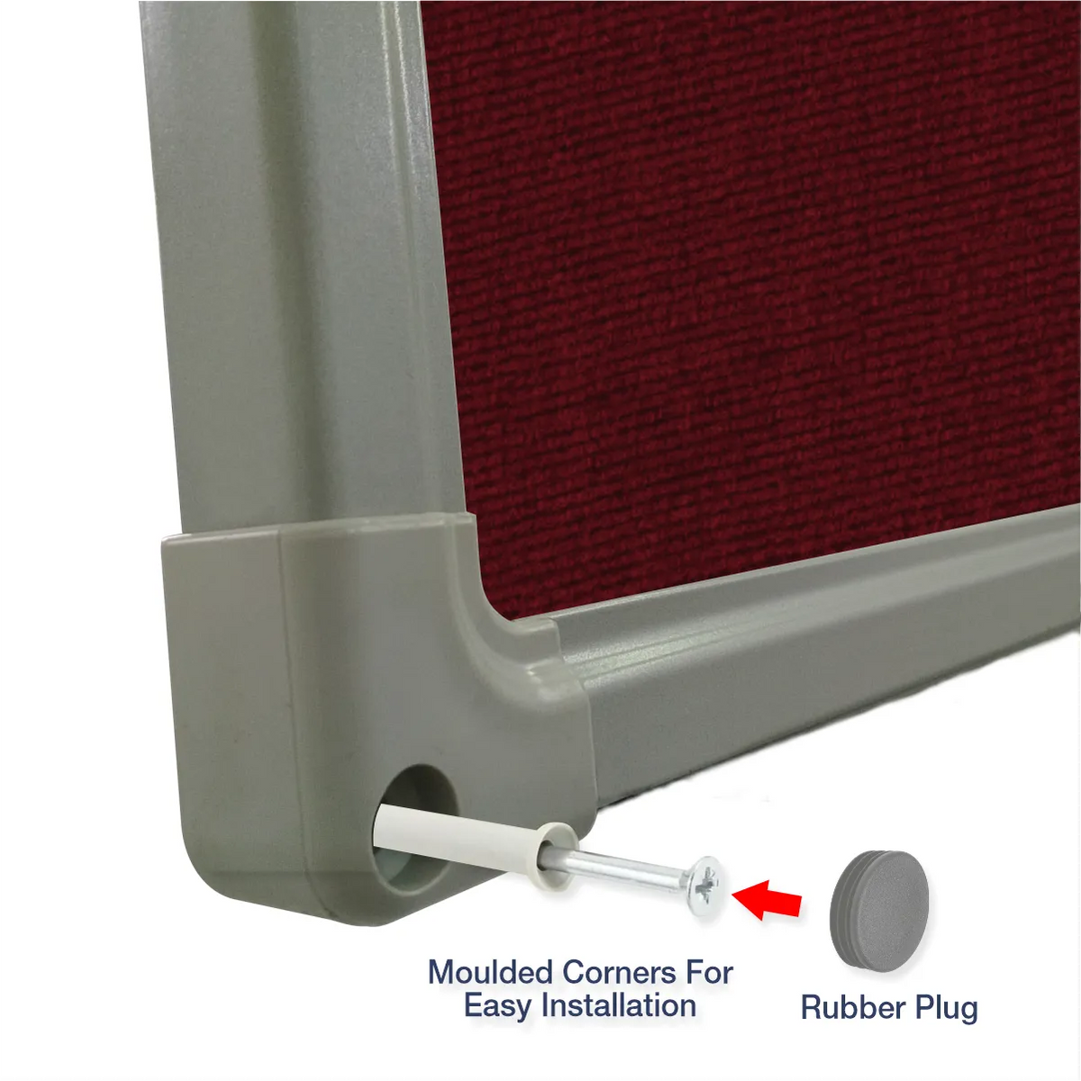 Exploded view of a maroon carpet pin board corner showing the moulded corner piece and rubber plug for easy installation