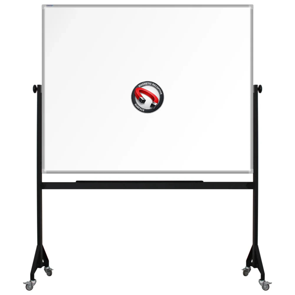 1200mm x 1500mm Mobile framed magnetic whiteboard with durable powder-coated Mobile steel H-stand offers long-lasting strength and stability. four wheels to allow easy mobility.
