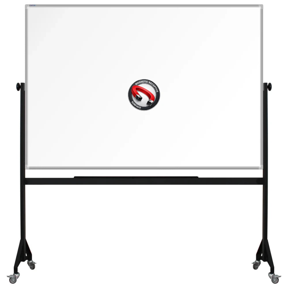 1200mm x 1800mm Mobile framed magnetic whiteboard with durable powder-coated Mobile steel H-stand offers long-lasting strength and stability. four wheels to allow easy mobility.