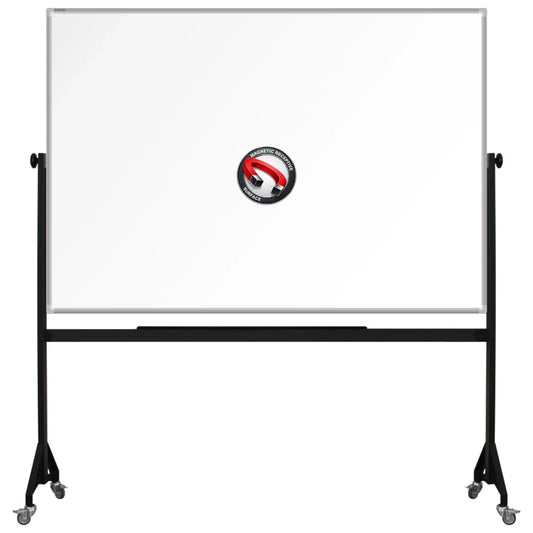 1200mm x 1800mm Mobile framed magnetic whiteboard with durable powder-coated Mobile steel H-stand offers long-lasting strength and stability. four wheels to allow easy mobility.