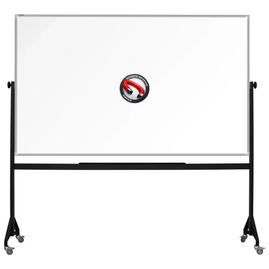 1200mm x 2000mm Mobile framed magnetic whiteboard with durable powder-coated Mobile steel H-stand offers long-lasting strength and stability. four wheels to allow easy mobility.
