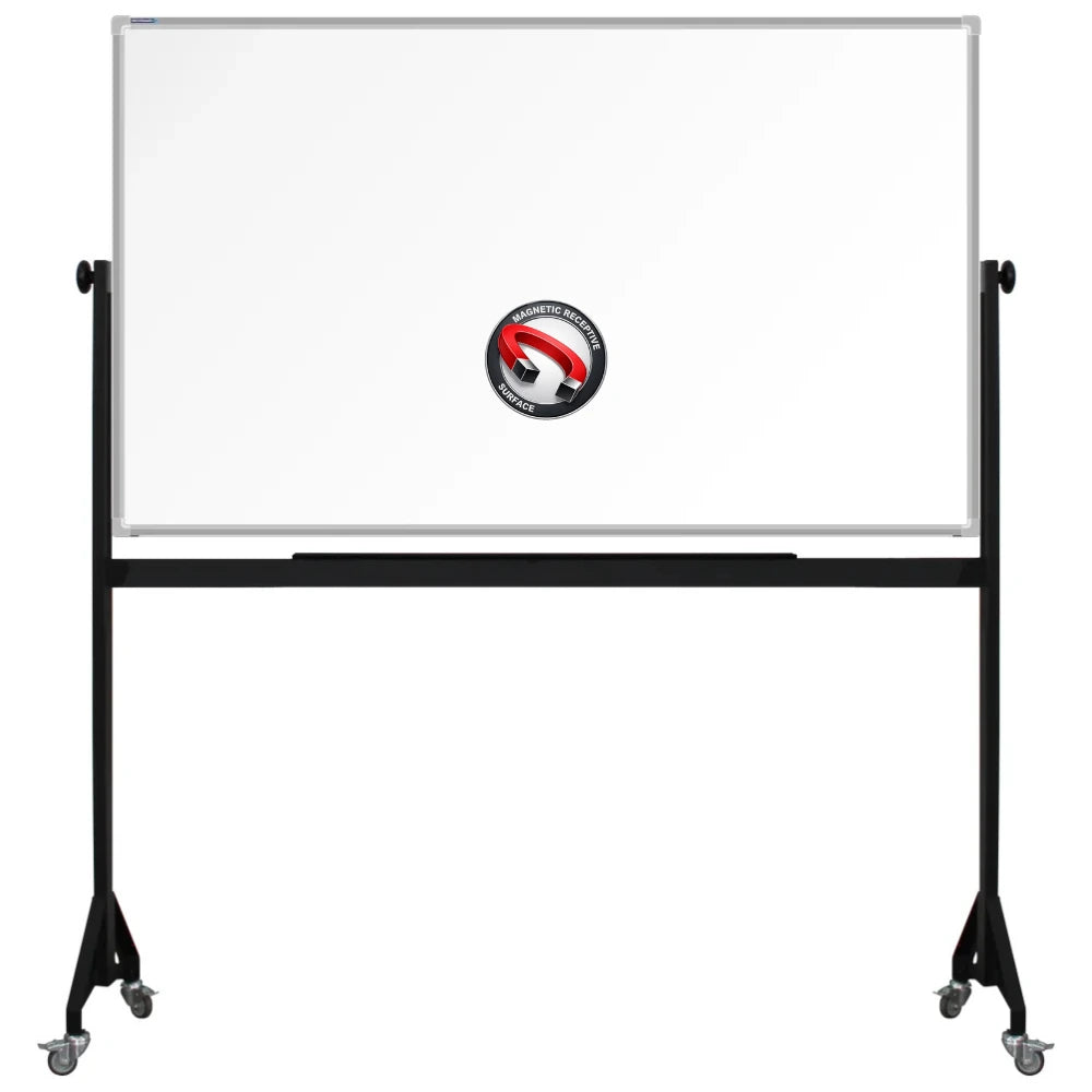900mm x 1500mm Mobile framed magnetic whiteboard with durable powder-coated Mobile steel H-stand offers long-lasting strength and stability. four wheels to allow easy mobility.