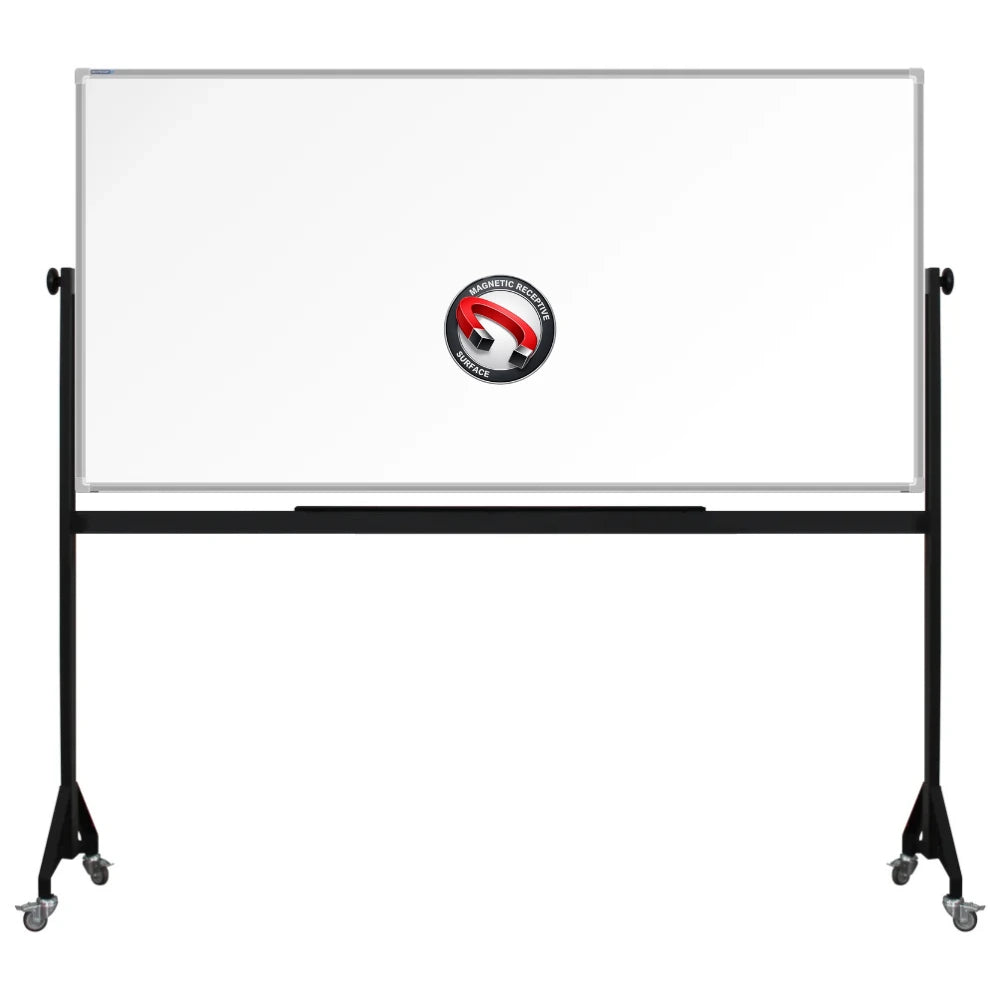 900mm x 1800mm Mobile framed magnetic whiteboard with durable powder-coated Mobile steel H-stand offers long-lasting strength and stability. four wheels to allow easy mobility.