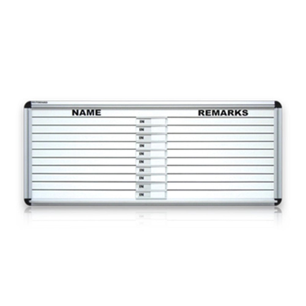 in/out whiteboard with aluminium frame, featuring columns for name and remarks, and sliding indicators to show status