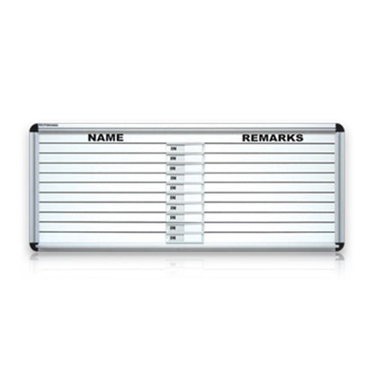 in/out whiteboard with aluminium frame, featuring columns for name and remarks, and sliding indicators to show status