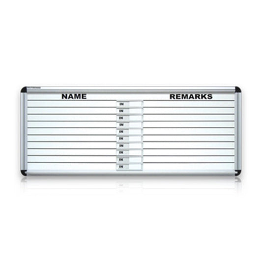 in/out whiteboard with aluminium frame, featuring columns for name and remarks, and sliding indicators to show status