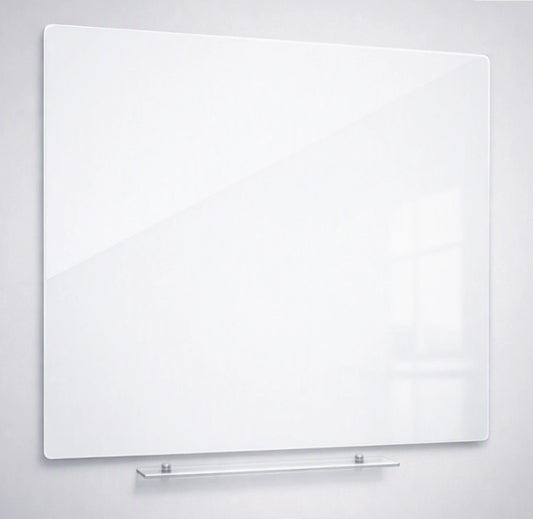 A large white rectangular glass board with rounded corners and a clear glass shelf mounted below it, shown against a light gray wall.