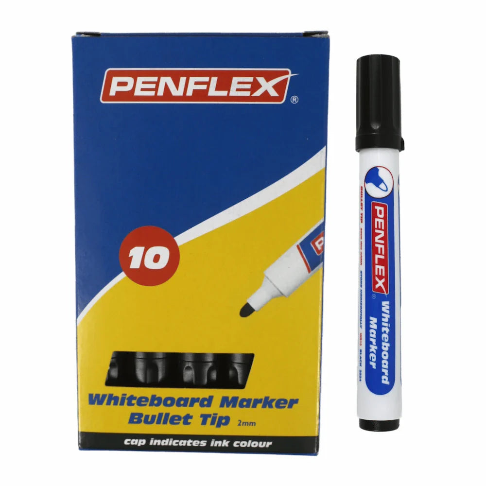 Box of 10 Black whiteboard markers alongside a single marker showing a black cap and end plug