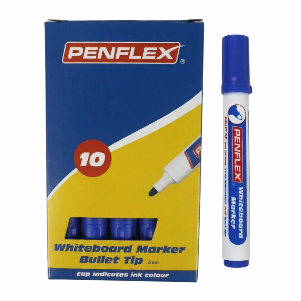 Box of 10 Blue whiteboard markers alongside a single marker showing a blue cap and end plug