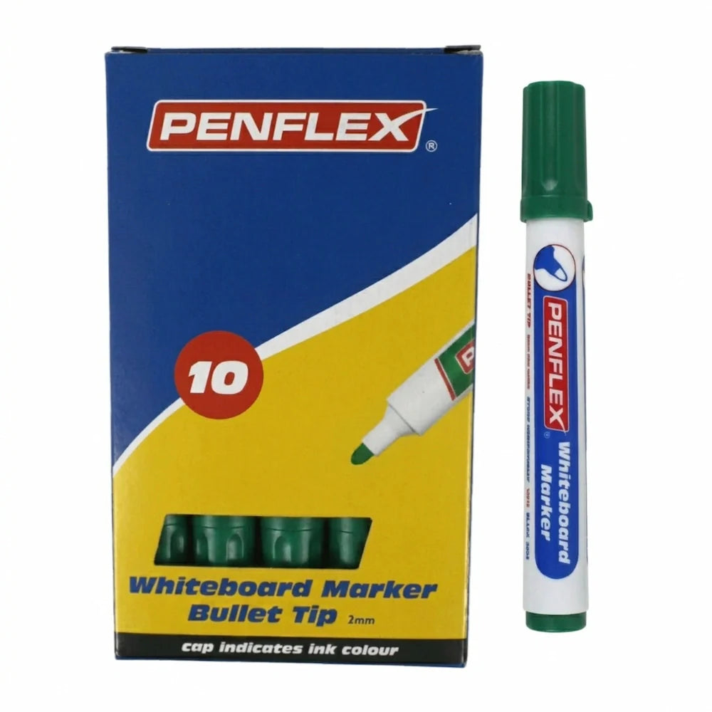 Box of 10 Green whiteboard markers alongside a single marker showing a green cap and end plug