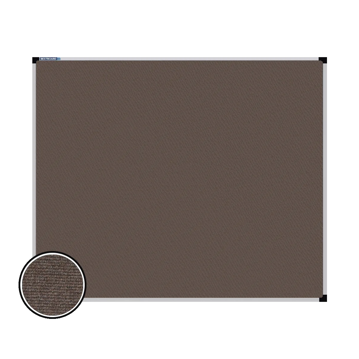 This image shows a rectangular carpet pin board  with a silver frame. The corners of the frame are reinforced with black plastic. A close-up inset in the bottom-left corner highlights the detailed woven texture of the material