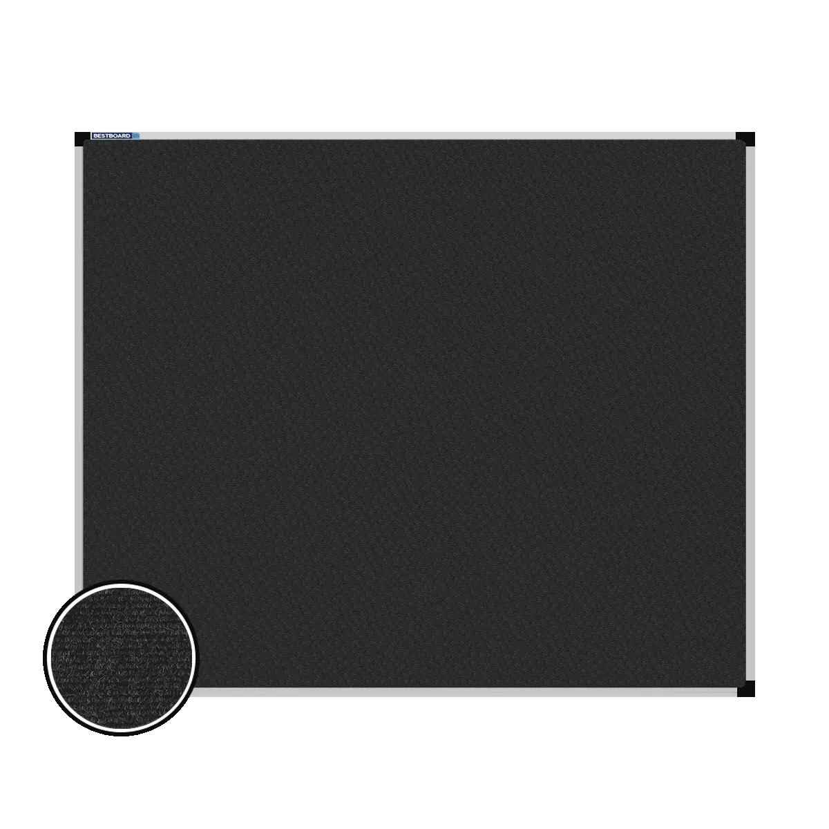 This image shows a rectangular carpet pin board  with a silver frame. The corners of the frame are reinforced with black plastic. A close-up inset in the bottom-left corner highlights the detailed woven texture of the material