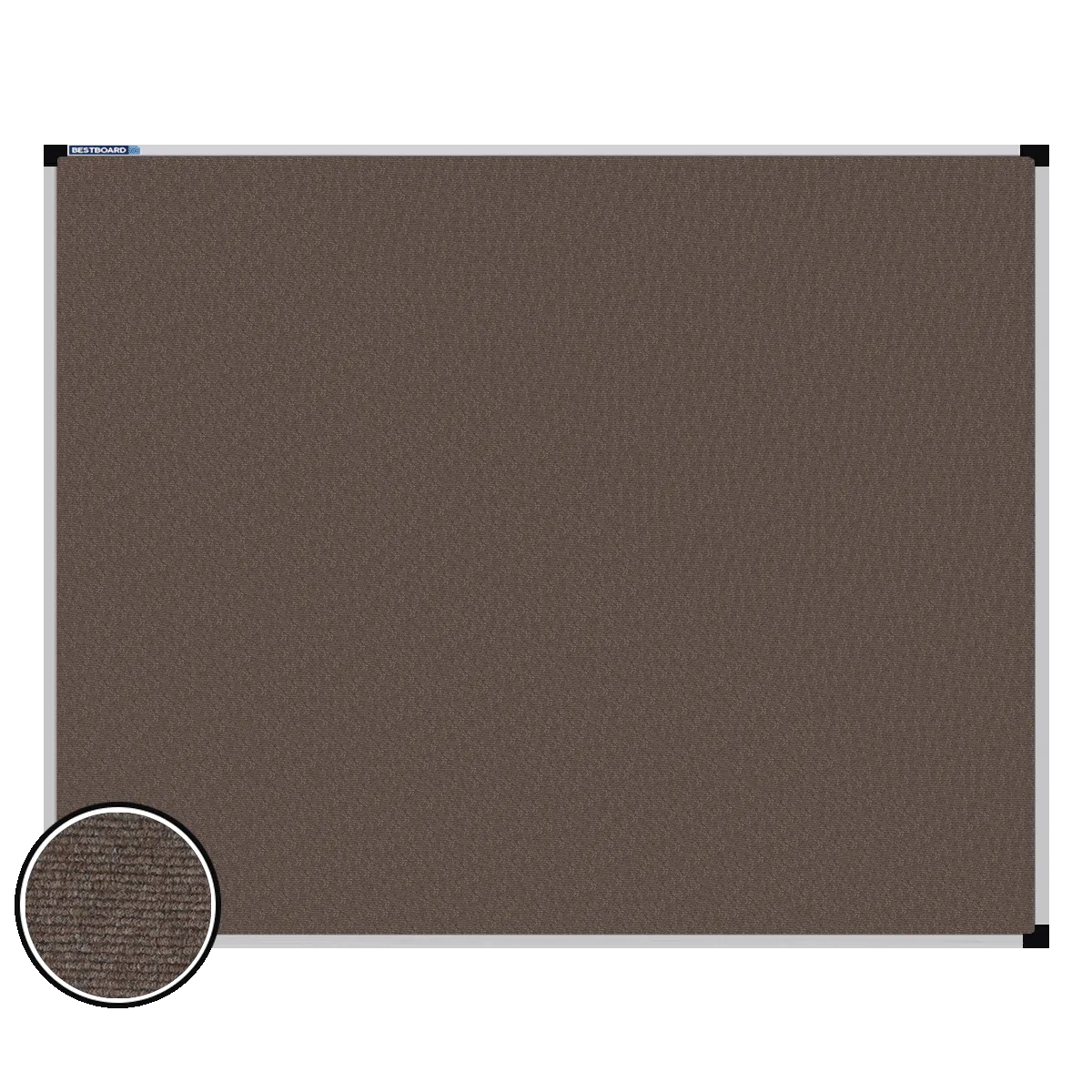 This image shows a rectangular carpet pin board  with a silver frame. The corners of the frame are reinforced with black plastic. A close-up inset in the bottom-left corner highlights the detailed woven texture of the material