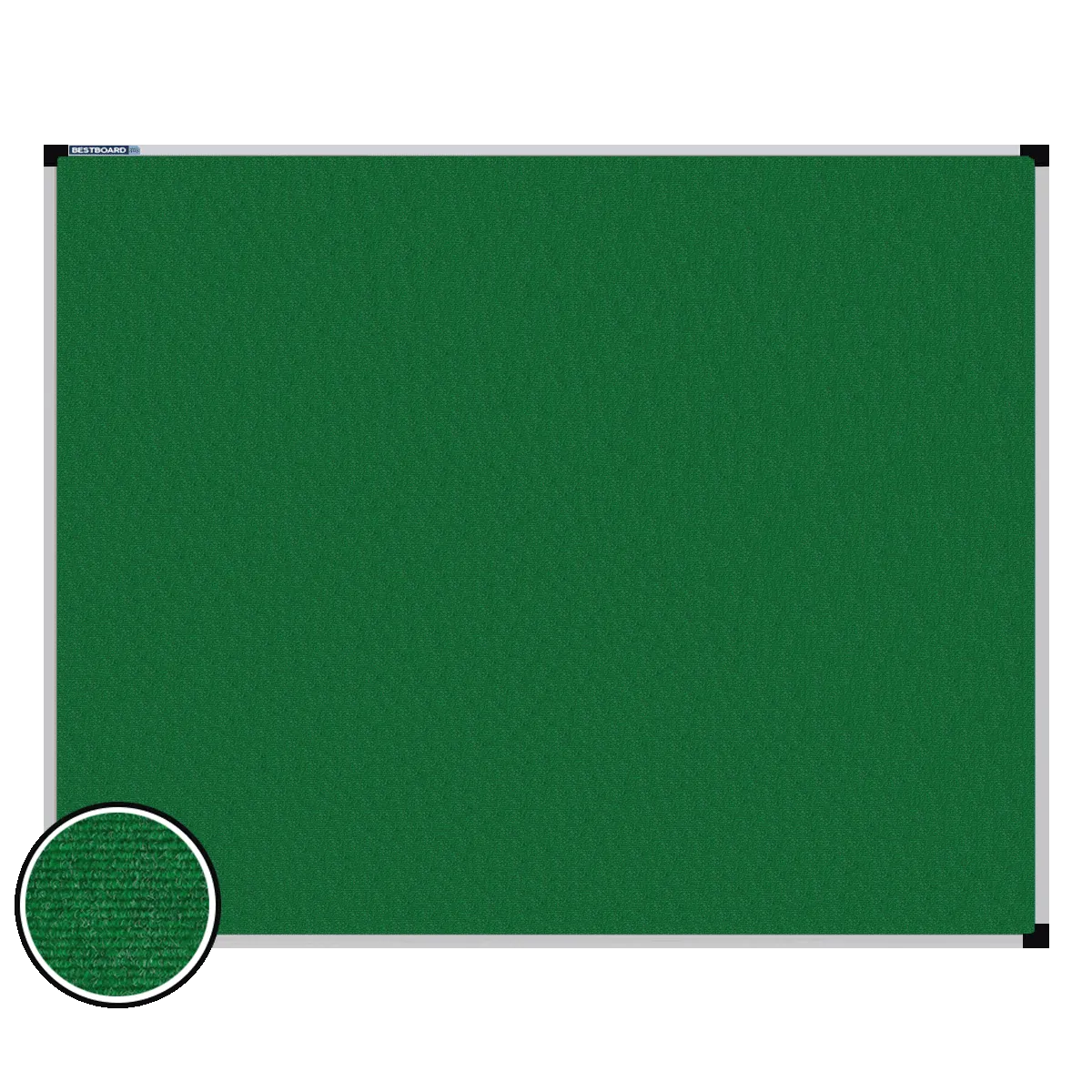 This image shows a rectangular carpet pin board  with a silver frame. The corners of the frame are reinforced with black plastic. A close-up inset in the bottom-left corner highlights the detailed woven texture of the material