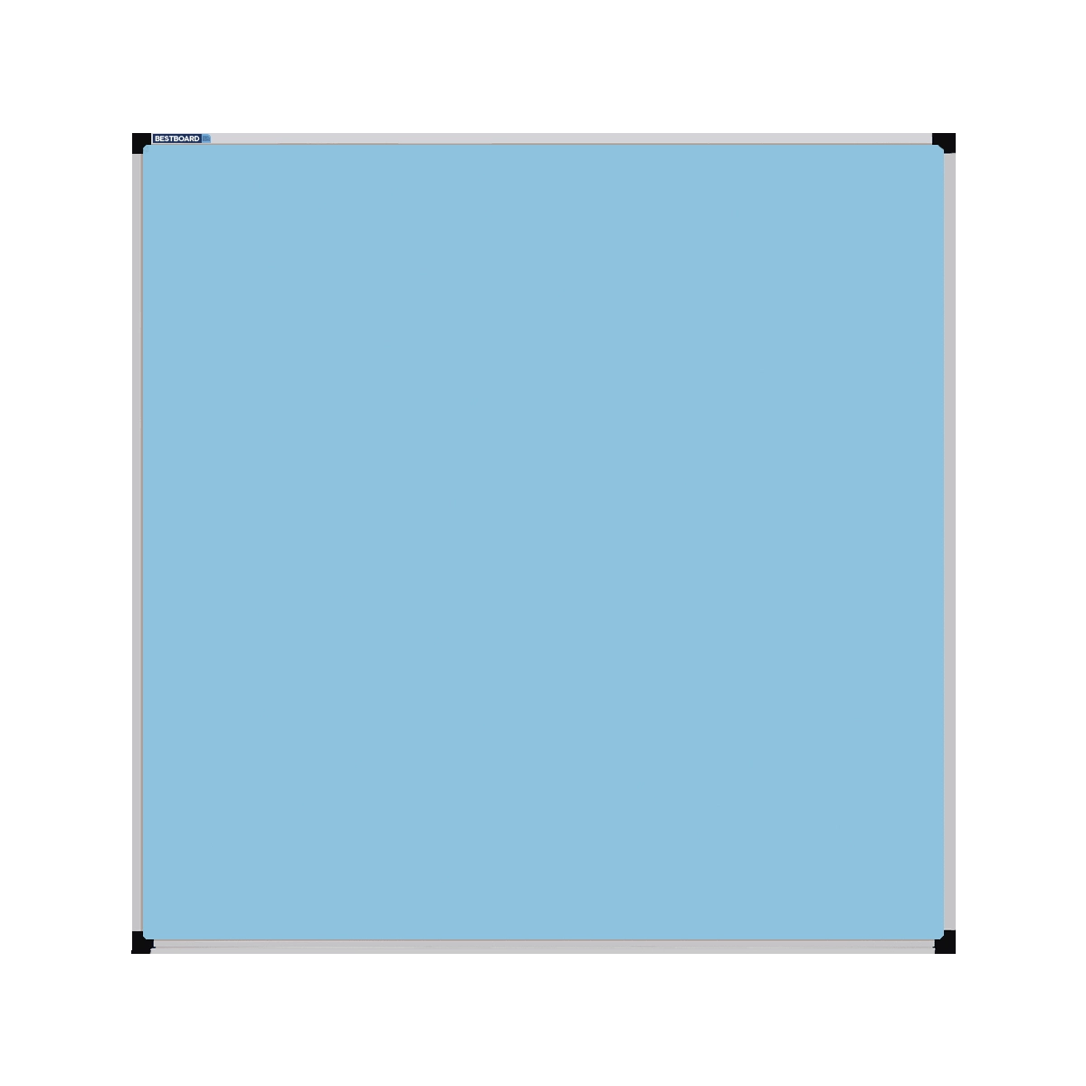 This image shows a Baby Blue square Felt board with a silver frame. The corners of the frame are reinforced with black plastic. 