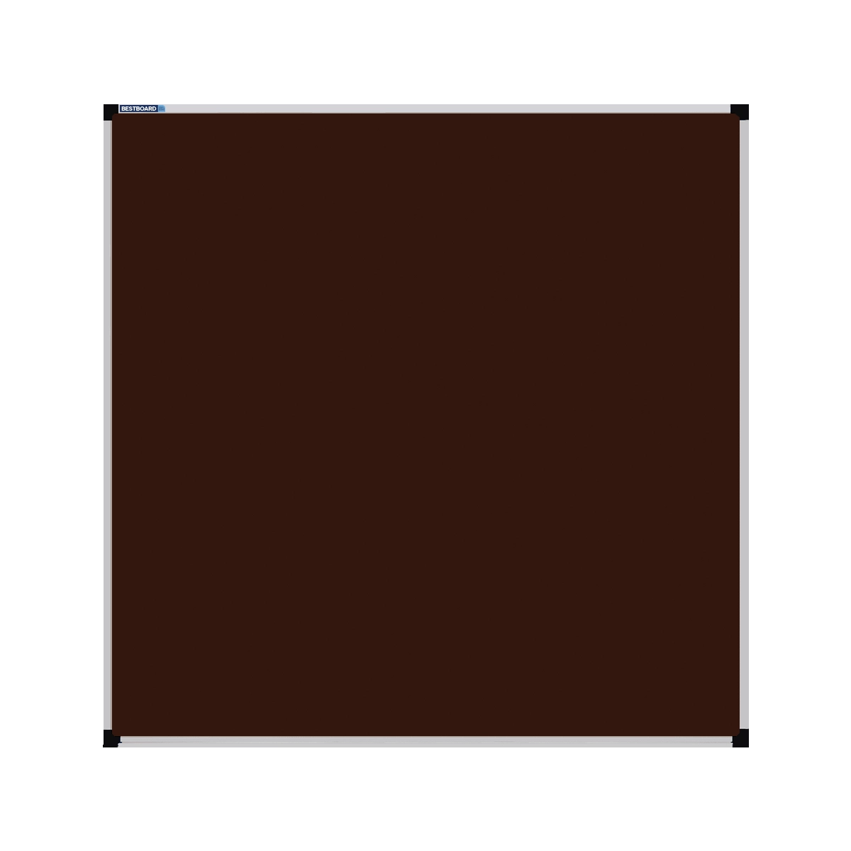 This image shows a choc brown square Felt board with a silver frame. The corners of the frame are reinforced with black plastic.