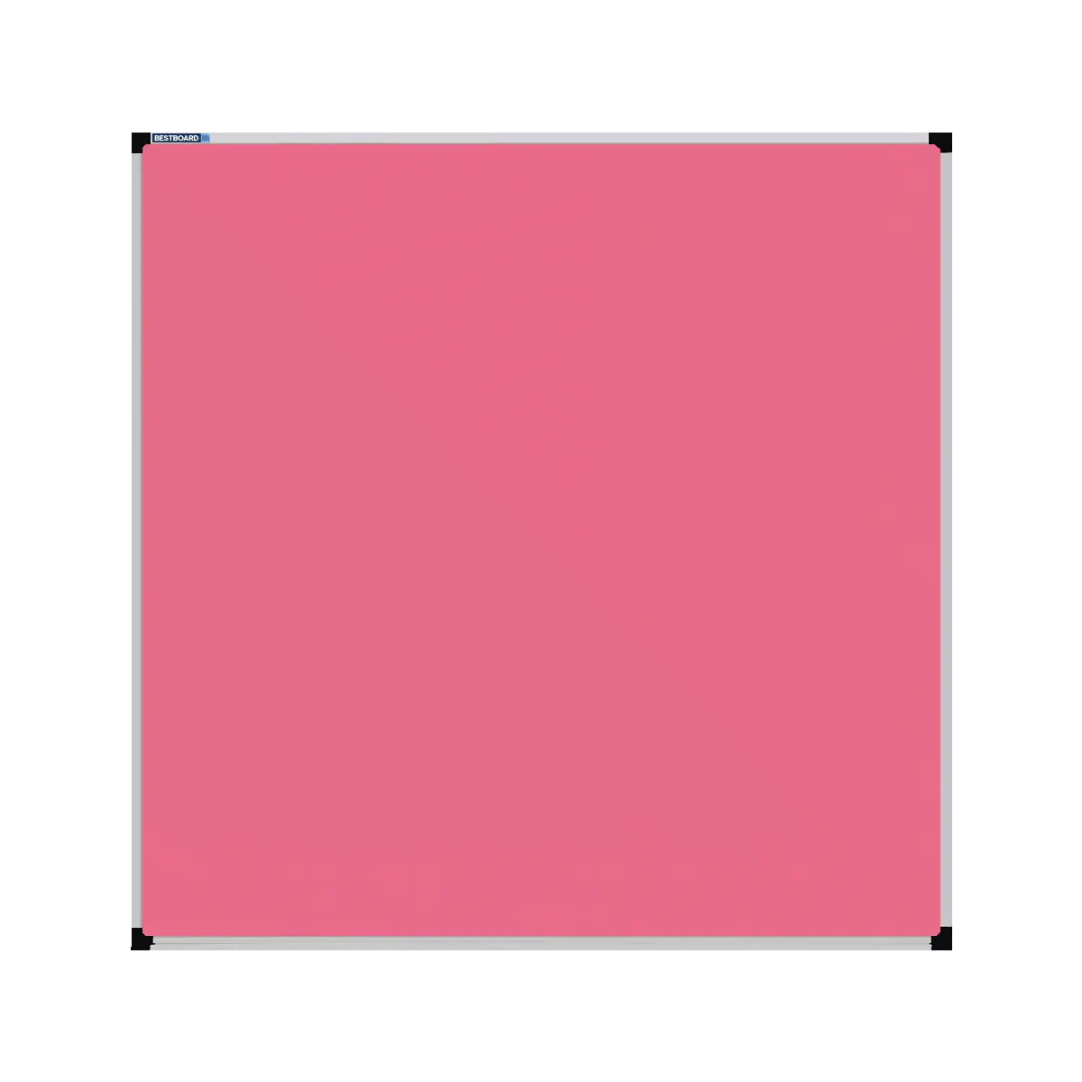 This image shows a Pink  square Felt board with a silver frame. The corners of the frame are reinforced with black plastic. 