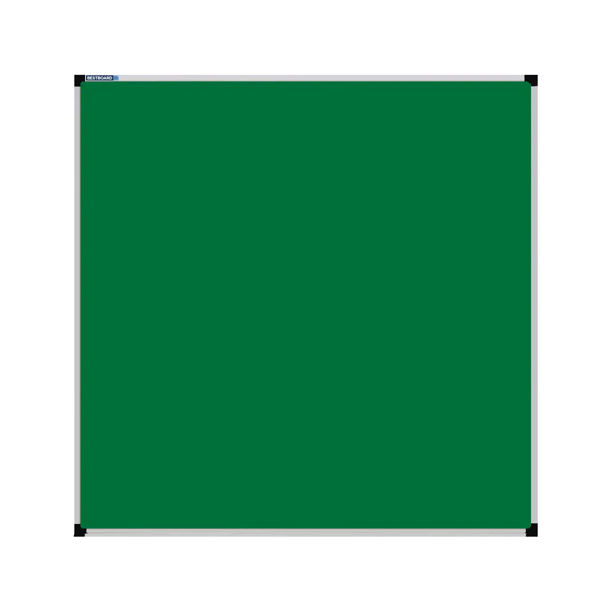 This image shows a Emerald Green sqare Felt board with a silver frame. The corners of the frame are reinforced with black plastic. 