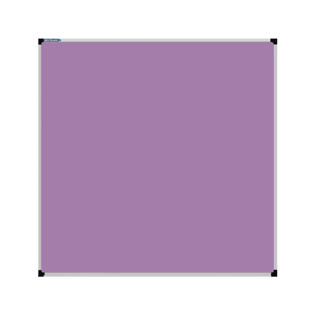 This image shows a lilac square Felt board with a silver frame. The corners of the frame are reinforced with black plastic.