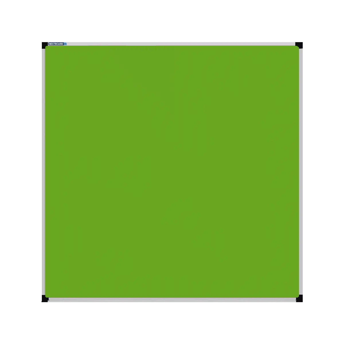 This image shows a Lime Green square Felt board with a silver frame. The corners of the frame are reinforced with black plastic. 