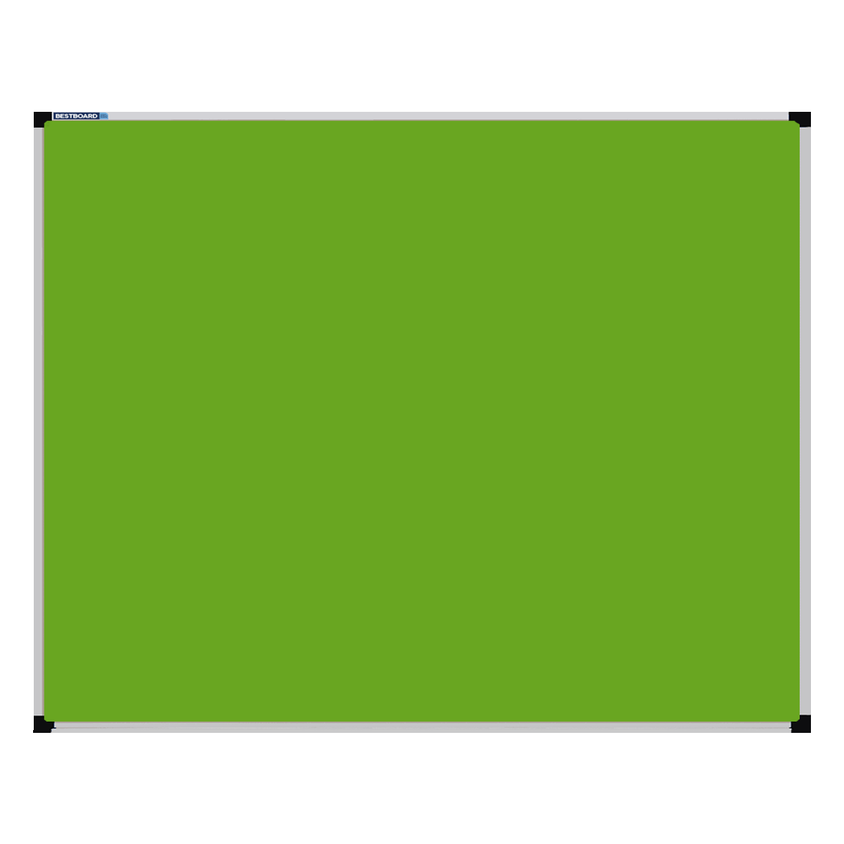 This image shows a Lime Green rectangular Felt board with a silver frame. The corners of the frame are reinforced with black plastic. 